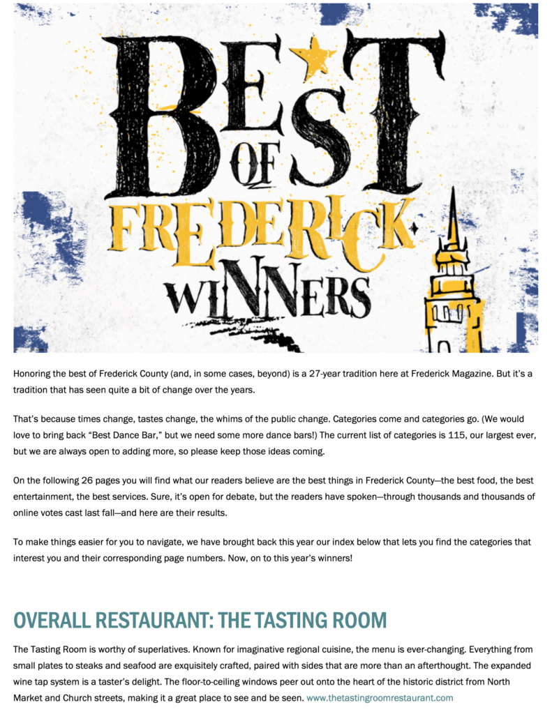 BEST OF FREDERICK WINNER 2019 FREDERICK MAGAZINE The Tasting Room